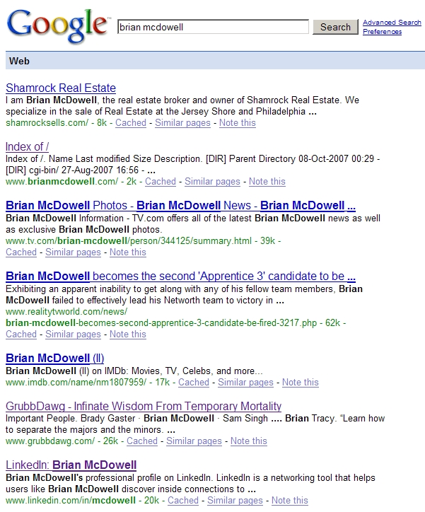 Google Results for Brian McDowell